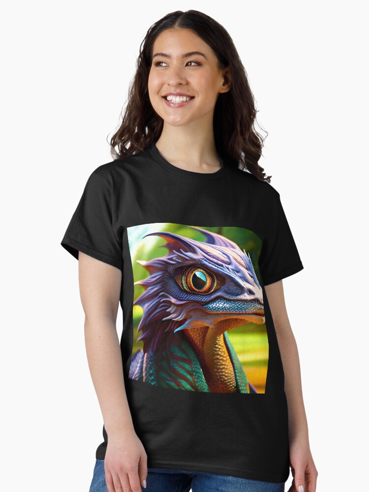 Thumbnail 2 of 7, Classic T-Shirt, Purple, Green and Yellow Scaled Jungle Dragon with Big Eyes designed and sold by dragynrain.