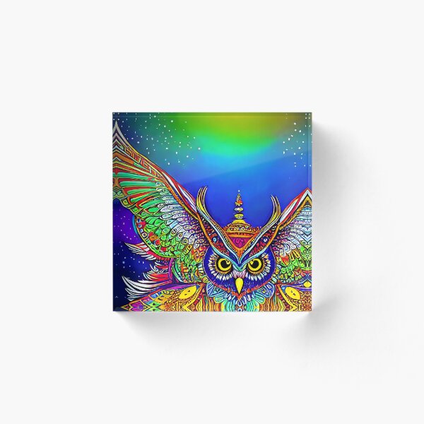 Item preview, Psychedelic Horned owl in flight designed and sold by FantasyAIArt.