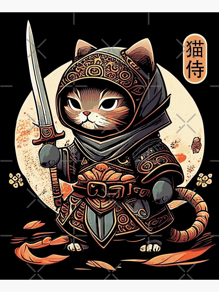 Japanese Samurai Cat Tattoo Kawaii Ninja Cat, An Art Print By Andy Kah