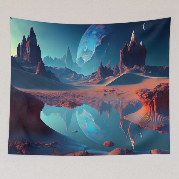 Item preview, Cool Alien Planet Lake with Planets in Space Digital Painting designed and sold by CodeAndColors.
