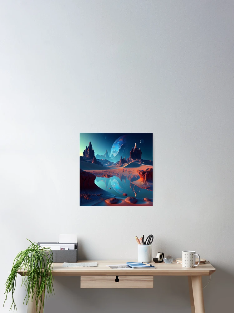 Imagen 2 de 3, Póster con la obra Cool Alien Planet Lake with Planets in Space Digital Painting, diseñada y vendida por CodeAndColors.