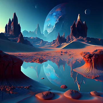 Imagen de la obra Cool Alien Planet Lake with Planets in Space Digital Painting de CodeAndColors