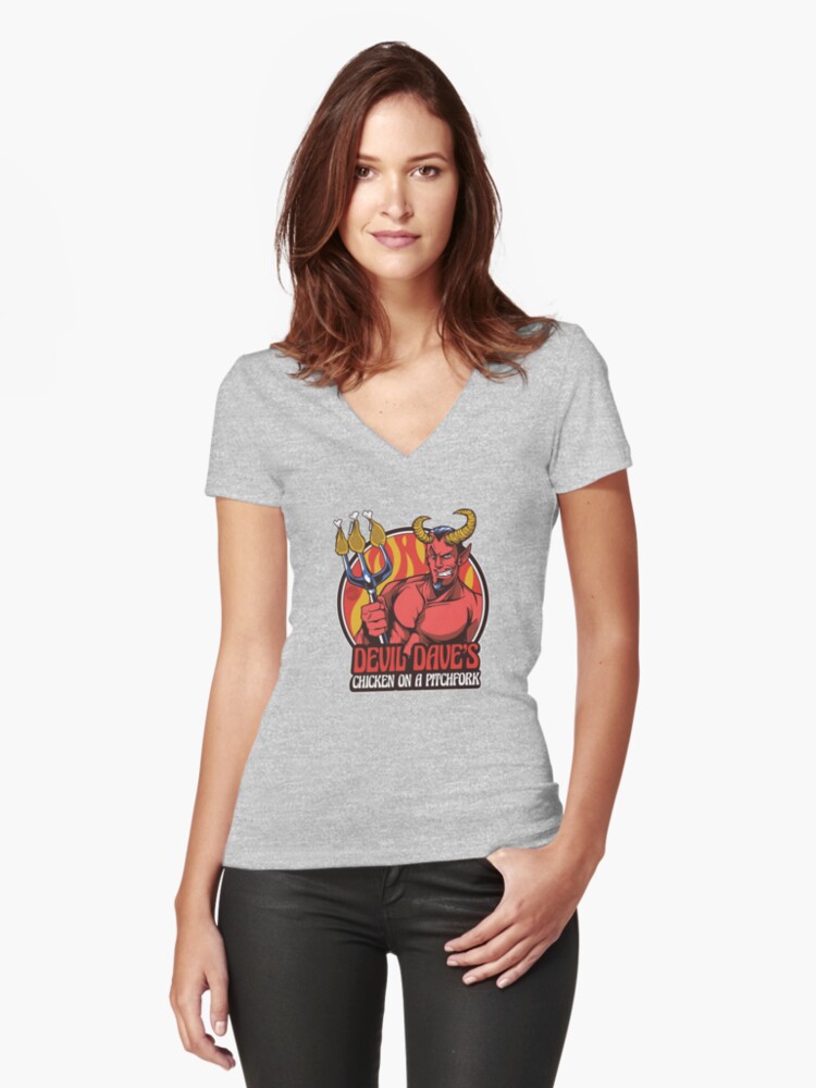 Thumbnail 1 of 3, Fitted V-Neck T-Shirt, Devil Dave's Chicken on a Pitchfork designed and sold by mandymroth.