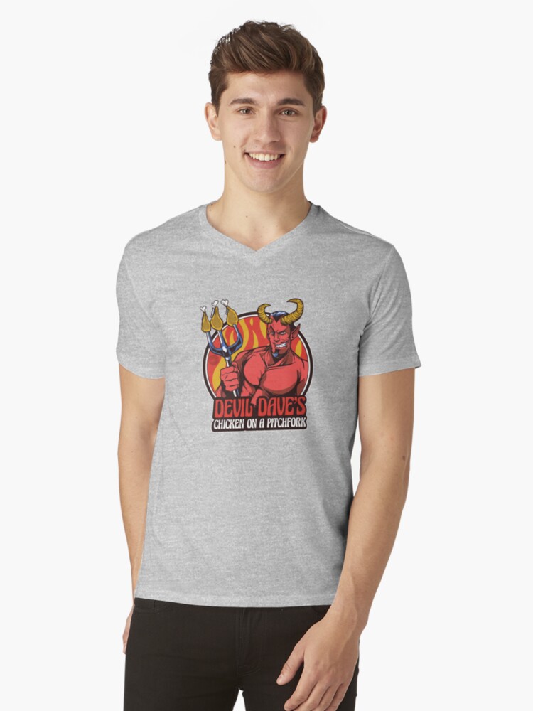 Thumbnail 1 of 3, V-Neck T-Shirt, Devil Dave's Chicken on a Pitchfork designed and sold by mandymroth.