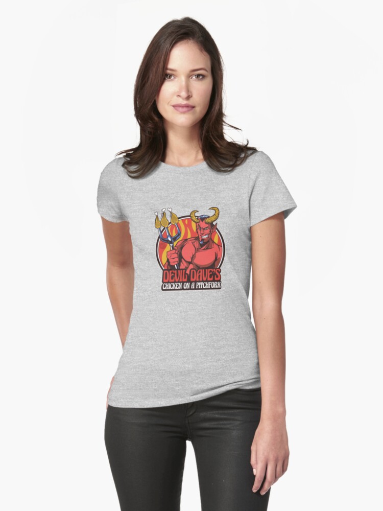 Thumbnail 1 of 3, Fitted T-Shirt, Devil Dave's Chicken on a Pitchfork designed and sold by mandymroth.