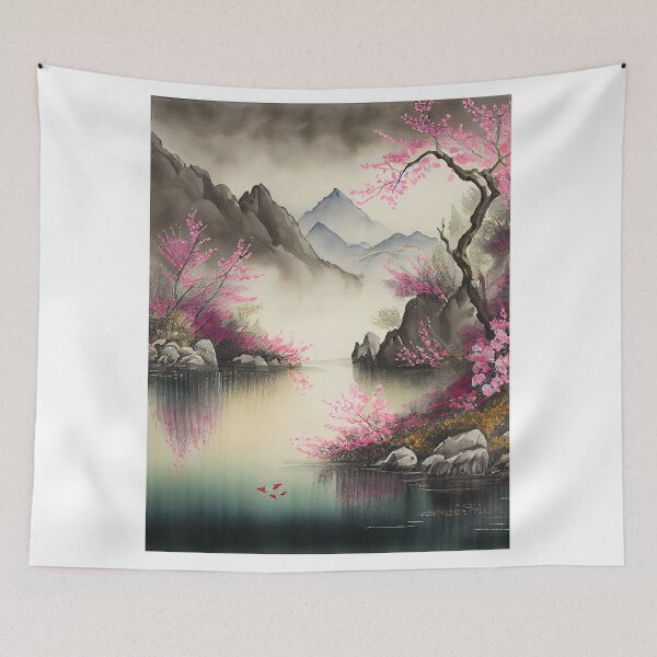 Item preview, A beautiful traditional Chinese landscape with cherry blossoms designed and sold by Patrick Edwards.