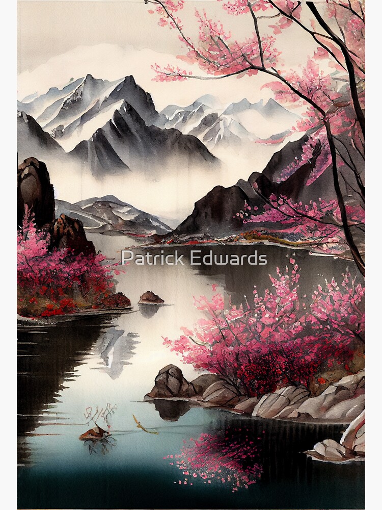 Pagoda and Cherry Blossoms - Beautiful Japanese Watercolor Landscape | Art  Board Print