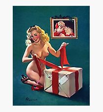 Topless pin-up girl packing a big gift for Santa Claus Photographic Print