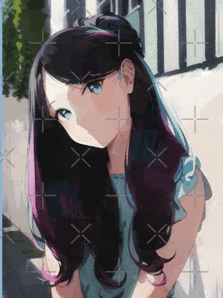 edible-pig164: pretty anime style girl, black hair, blue eyes, city them  background, casual female clothing, digital painting