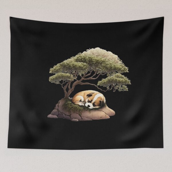 Item preview, Cute puppy sleeping under bonsai tree designed and sold by AnimalArtPhotos.