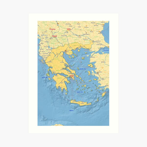 Greece Map With Cities Roads Rivers Lakes Art Print For Sale By World   Aps,504x498,small,transparent Pad,600x600,f8f8f8.u2 