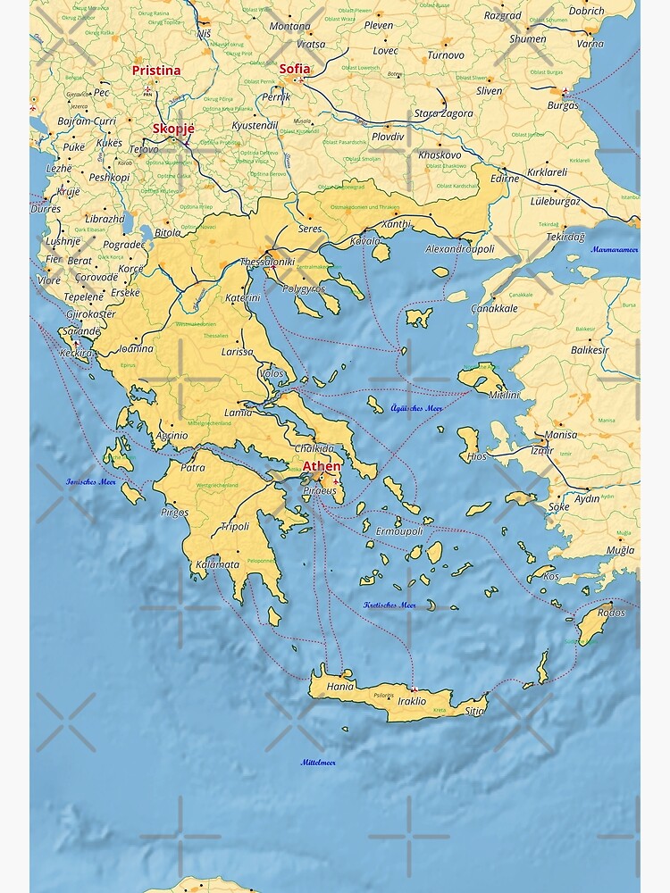 Greece Map With Cities Roads Rivers Lakes Poster For Sale By World   Flat,750x,075,f Pad,750x1000,f8f8f8.u2 