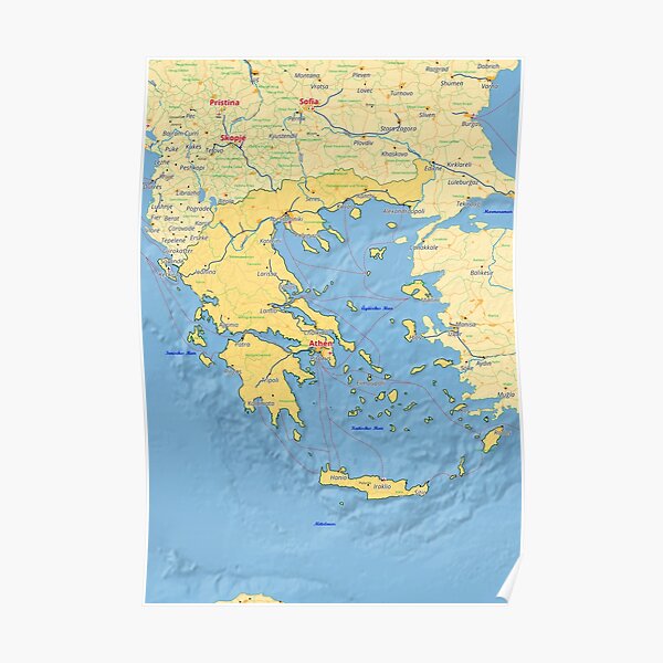 Greece Map With Cities Roads Rivers Lakes Poster For Sale By World   Poster,504x498,f8f8f8 Pad,600x600,f8f8f8.u2 