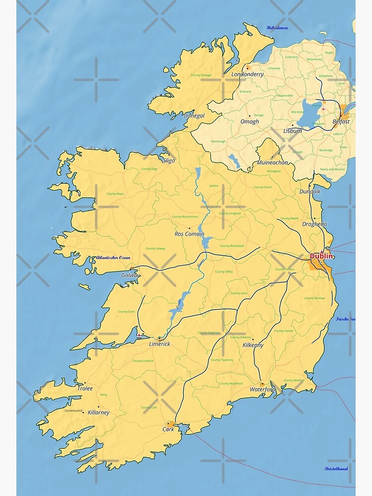 Ireland Map With Cities Roads Rivers Lakes Poster For Sale By World   Flat,750x,075,f Pad,750x1000,f8f8f8.u2 