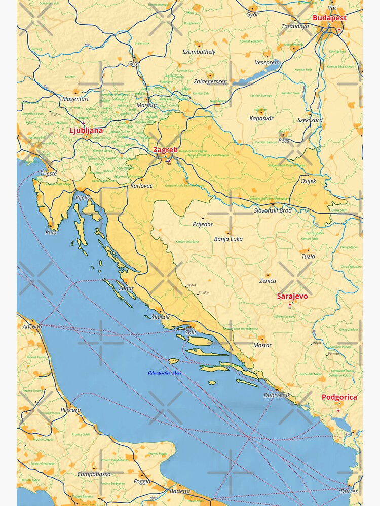 Croatia Map With Cities Roads Rivers Lakes Sticker For Sale By World