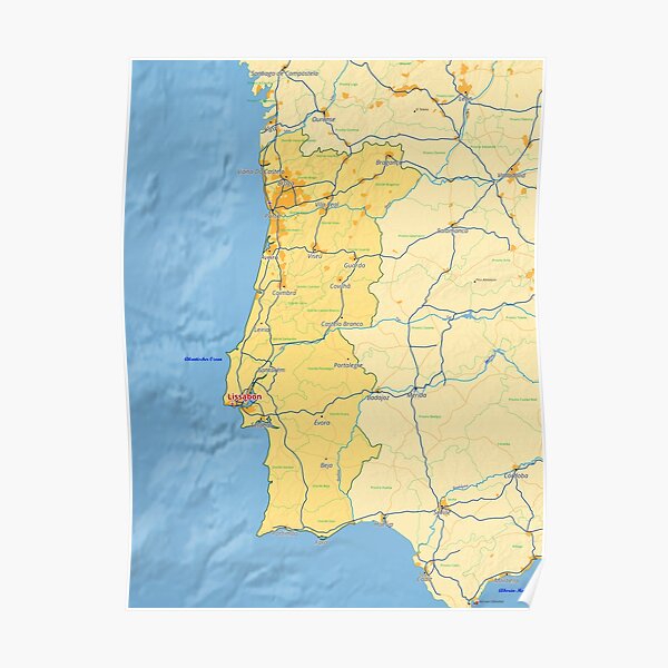 Portugal Map With Cities Roads Rivers Lakes Poster For Sale By World   Poster,504x498,f8f8f8 Pad,600x600,f8f8f8 