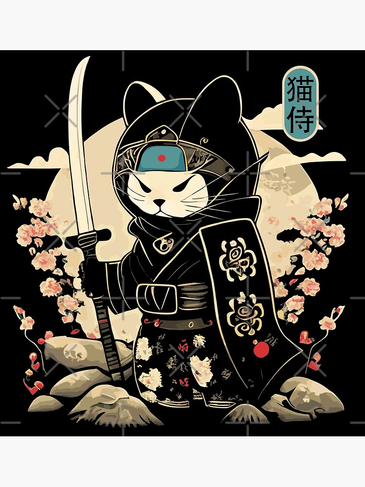 Poster Anime de Gato Samurai do Estilo Japonês Kawaii