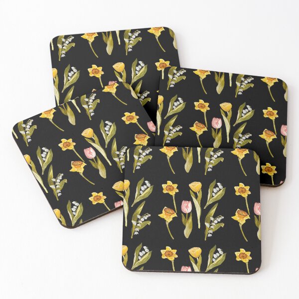 Item preview, Daffodil tulip snowdrop Easter a seamless pattern black designed and sold by Yana Mustafina | Boho Soulful Designs.