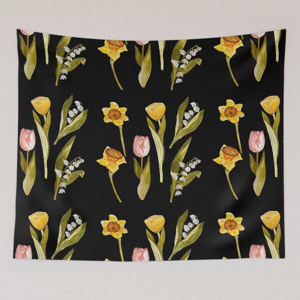 Item preview, Daffodil tulip snowdrop Easter a seamless pattern black designed and sold by Yana Mustafina | Boho Soulful Designs.