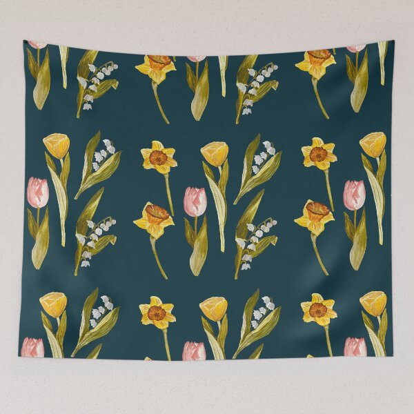 Item preview, Daffodil tulip snowdrop Easter a seamless pattern blue designed and sold by Yana Mustafina | Boho Soulful Designs.