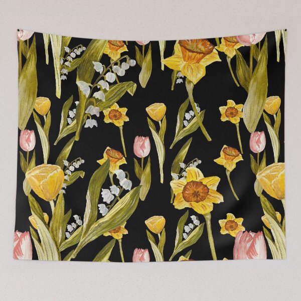 Item preview, Daffodil tulip snowdrop Easter an ornate pattern black designed and sold by Yana Mustafina | Boho Soulful Designs.