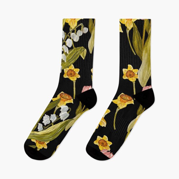 Item preview, Daffodil tulip snowdrop Easter an ornate pattern black designed and sold by Yana Mustafina | Boho Soulful Designs.