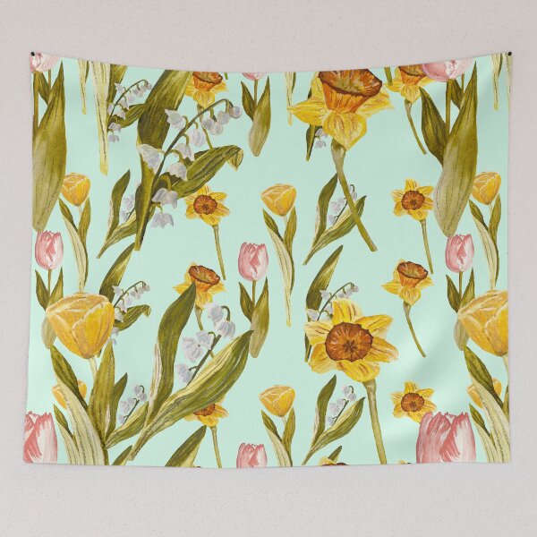Item preview, Daffodil tulip snowdrop Easter an ornate pattern mint designed and sold by Yana Mustafina | Boho Soulful Designs.