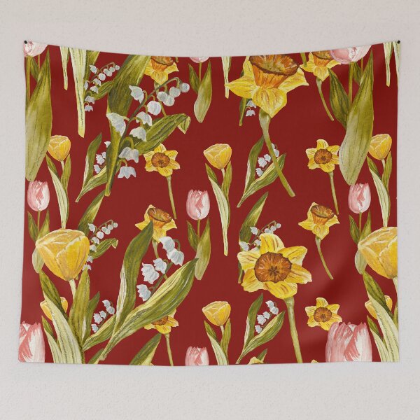 Item preview, Daffodil tulip snowdrop Easter an ornate pattern red designed and sold by Yana Mustafina | Boho Soulful Designs.