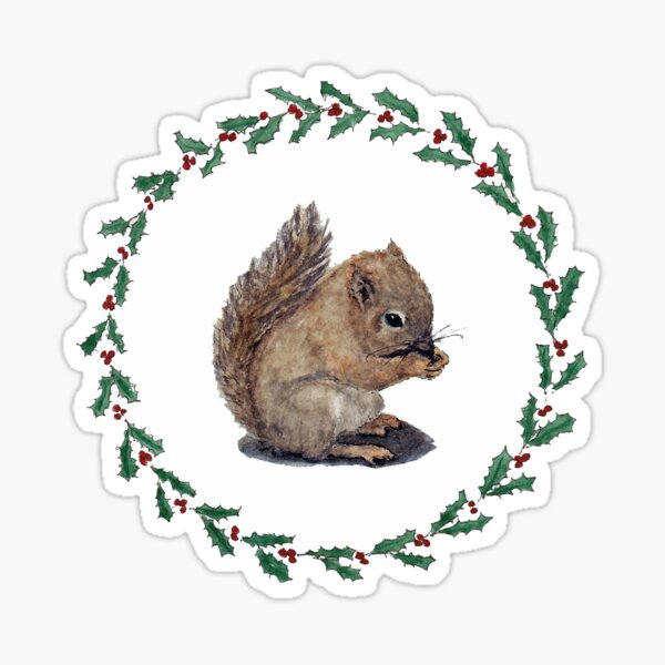 Baby Squirrel with Holly Wreath Sticker