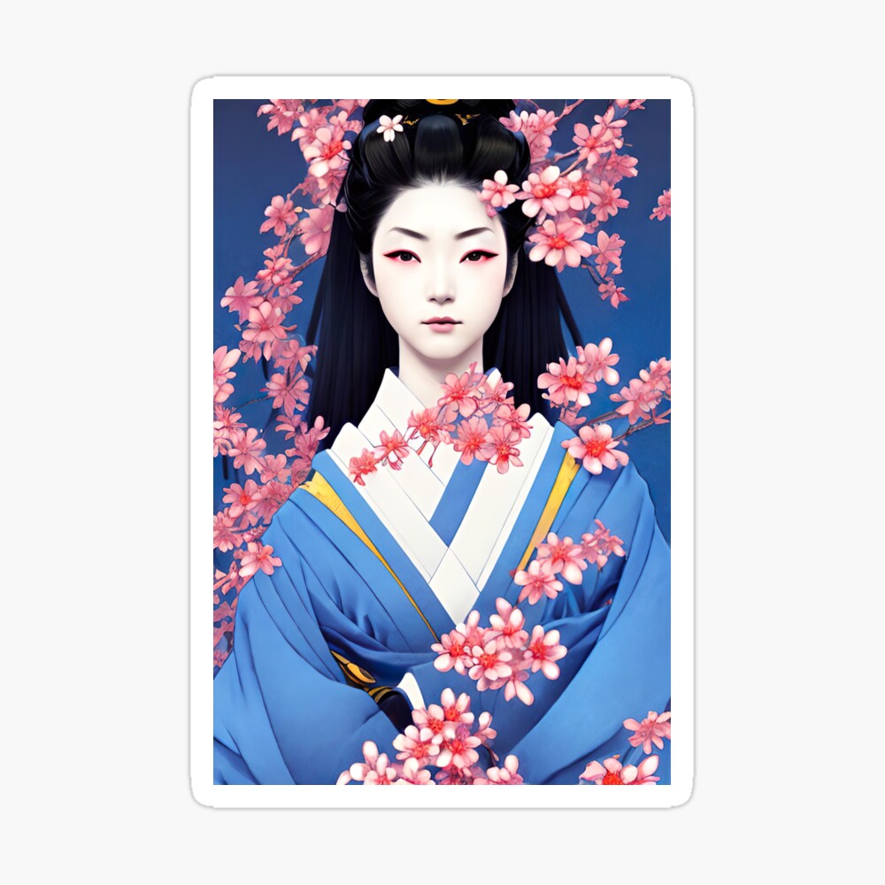 Japanese geisha with kimono and sakura cherry blossoms