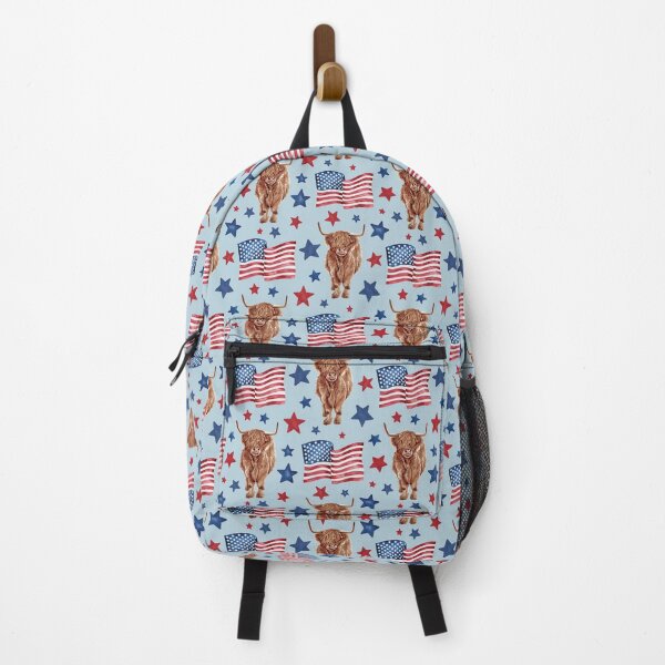 Vista previa del artículo con la obra «USA Highland Cow floral en azul, bandera americana, estrellas y rayas, arte de vaca acuarela, animales de granja», diseñado y vendido por cateandrainn.