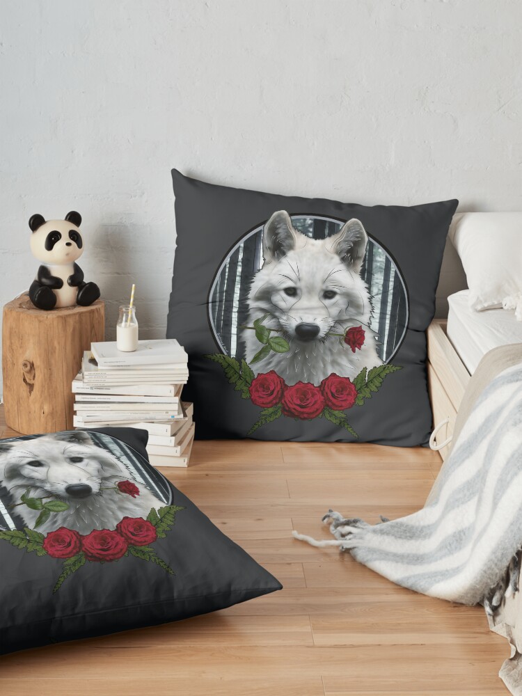 Alternate view of Wolf with Rose - Graphic Style Floor Pillow