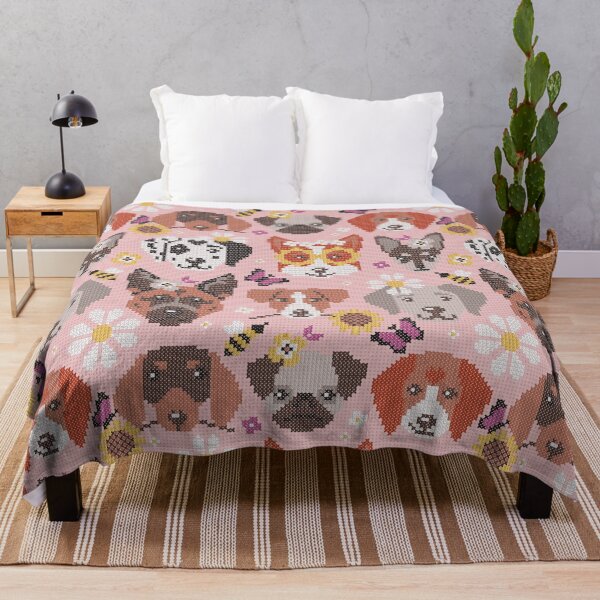 Item preview, Spring pawsing // cotton candy pink background cross stitch dog breeds wild flowers bees and butterflies designed and sold by SelmaCardoso.