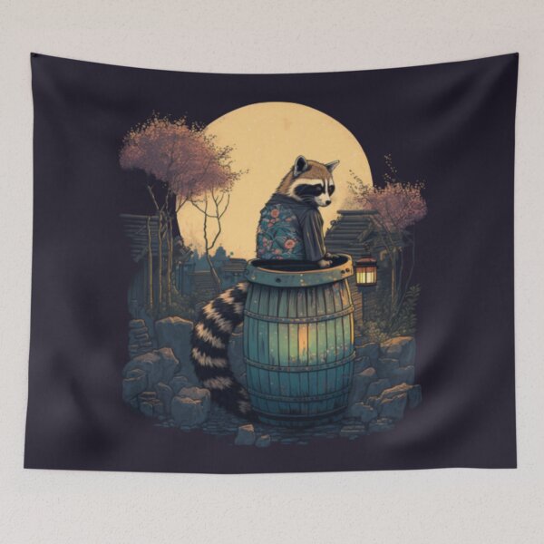 Item preview, Retro Japanese raccoon going through a trashcan designed and sold by TheArtfulNook.