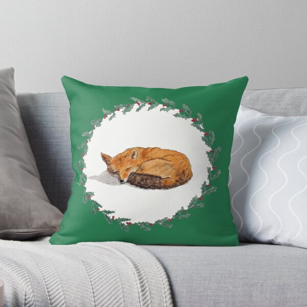 Sleeping Fox in Holly Wreath Throw Pillow