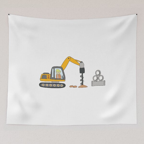 Item preview, Kids drawing construction site with drill excavator with pile of huge pipes designed and sold by wordspotrayal.