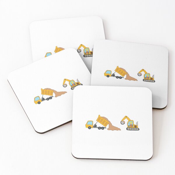 Item preview,  kids drawing of construction vehicles, dump truck unloading gravels and excavator dredging them designed and sold by wordspotrayal.