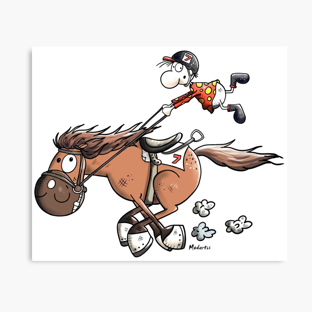 Impression photo for Sale avec lœuvre « Cheval de course furieux avec  dessin animé jockey » de lartiste modartis | Redbubble