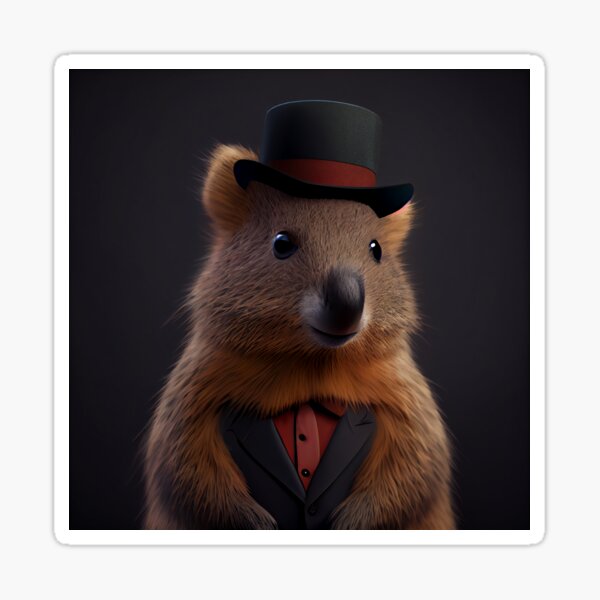 Quokka in Black Suit and Red Tie: 3D Render Close-Up Portrait on Dark Gray Background Glossy Sticker