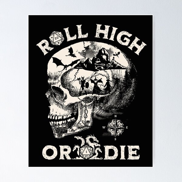 Item preview, Dungeons and Dragons: Roll High or Die. Party fighting dragons in a Skull Scene. designed and sold by DungeonAtelier.