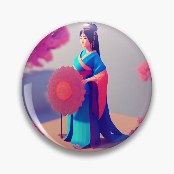 Artikelvorschau, Geisha im blauen Kimono mit rotem Sonnenschirm, umgeben von Sakura-Bäumen im Voxel-Stil entworfen und verkauft von AlePosters.