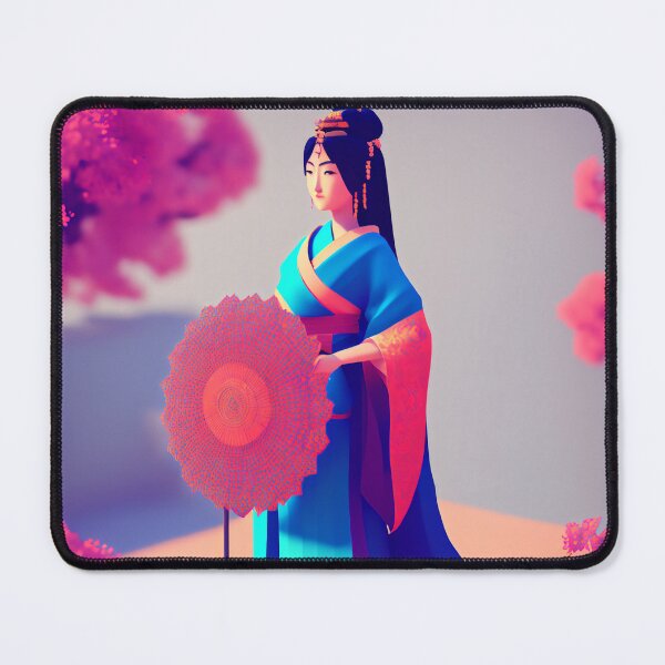 Item preview, Geisha in Blue Kimono Holding a Red Parasol Surrounded by Sakura Trees in Voxel Style designed and sold by AlePosters.