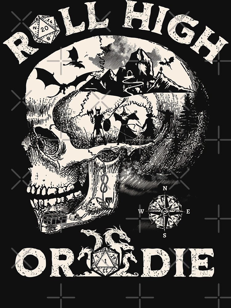 Thumbnail 7 of 7, Classic T-Shirt, Dungeons and Dragons: Roll High or Die. Party fighting dragons in a Skull Scene. designed and sold by DungeonAtelier.