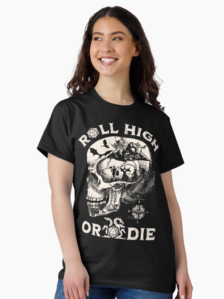 Thumbnail 2 of 7, Classic T-Shirt, Dungeons and Dragons: Roll High or Die. Party fighting dragons in a Skull Scene. designed and sold by DungeonAtelier.
