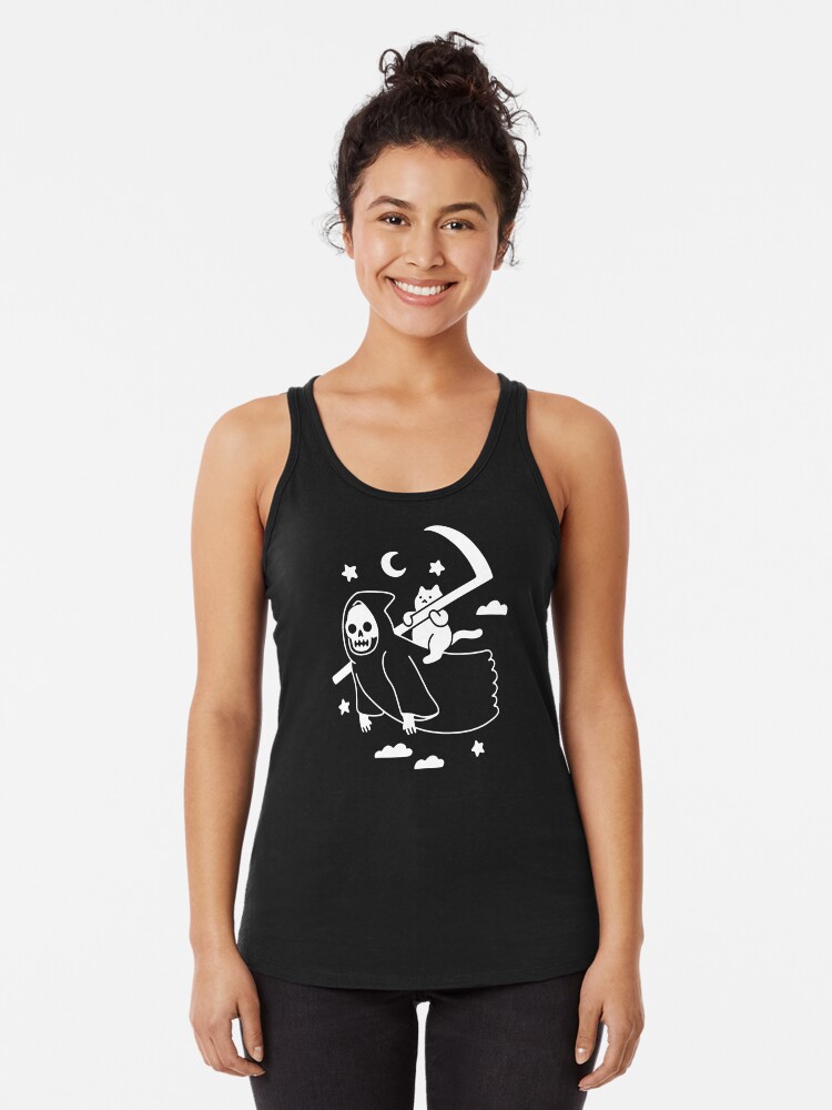 Thumbnail 1 of 3, Racerback Tank Top, Cat Riding Grim Reaper designed and sold by obinsun.