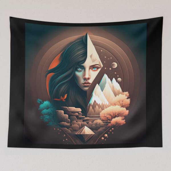 Item preview, Geometric graphic design of mountains trees and a wolf woman designed and sold by Animal-ink.