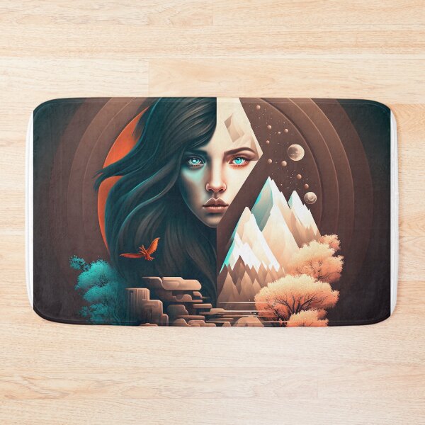 Item preview, Geometric graphic design of mountains trees and a wolf woman designed and sold by Animal-ink.