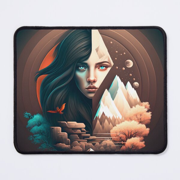 Item preview, Geometric graphic design of mountains trees and a wolf woman designed and sold by Animal-ink.