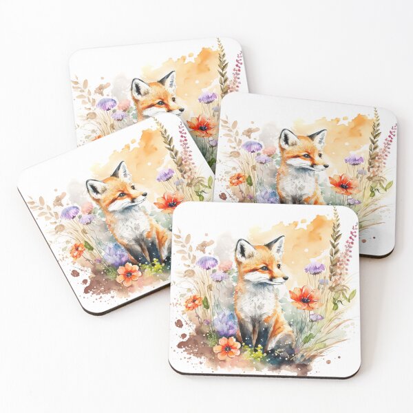 Artikelvorschau, Aquarell niedlicher Baby-Fuchs, der in den Blumen sitzt, realistisches Aquarell-Fuchsjunges entworfen und verkauft von MoonFoxDesign.
