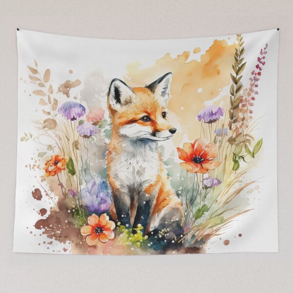 Artikelvorschau, Aquarell niedlicher Baby-Fuchs, der in den Blumen sitzt, realistisches Aquarell-Fuchsjunges entworfen und verkauft von MoonFoxDesign.